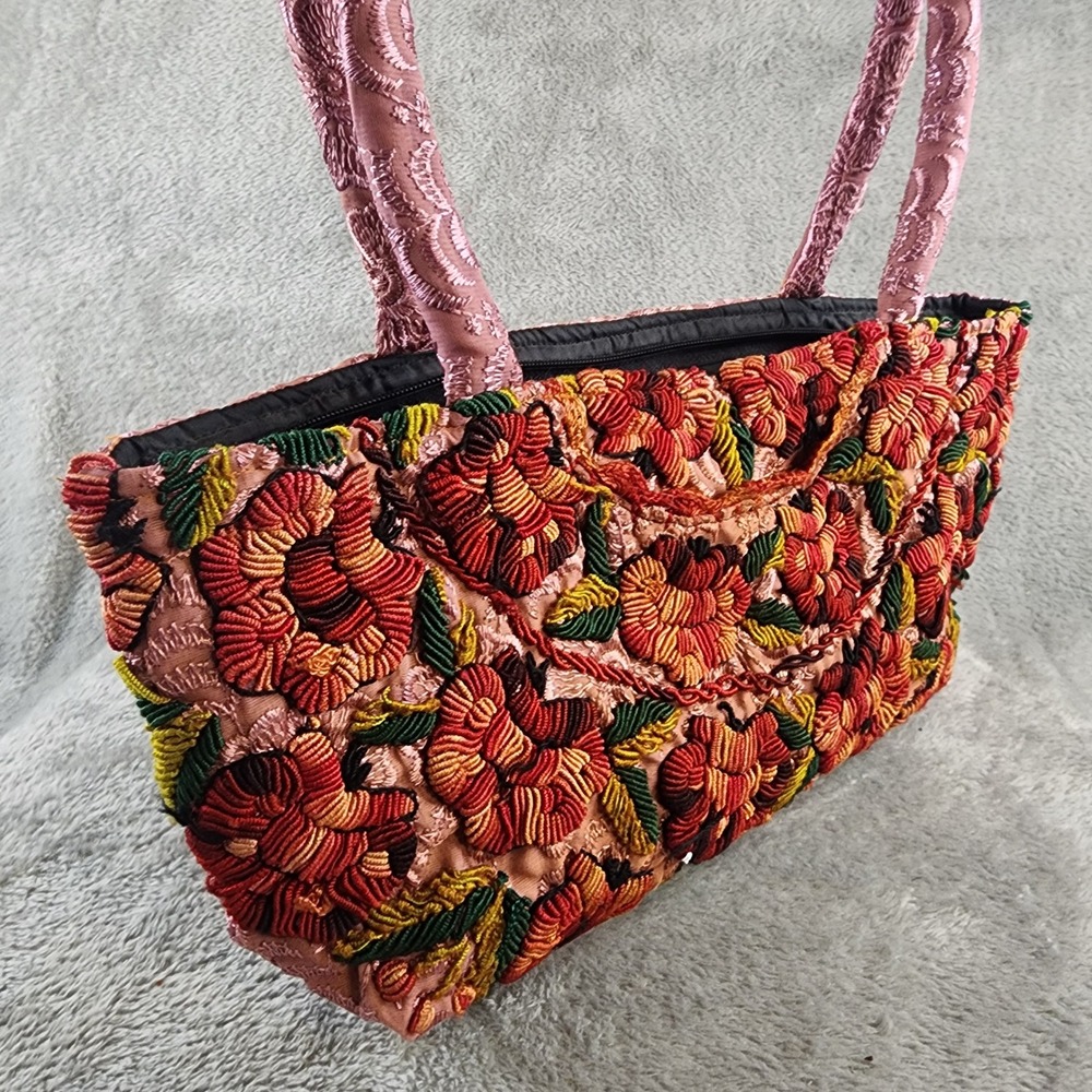 Handmade Guatemala Tote Bag Pink Red Floral Embroidered Raised Thread Boho
